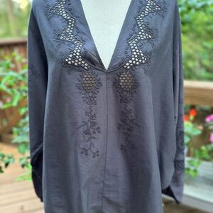 H&M Gray Eyelet Embroidered V-Neck Blouse